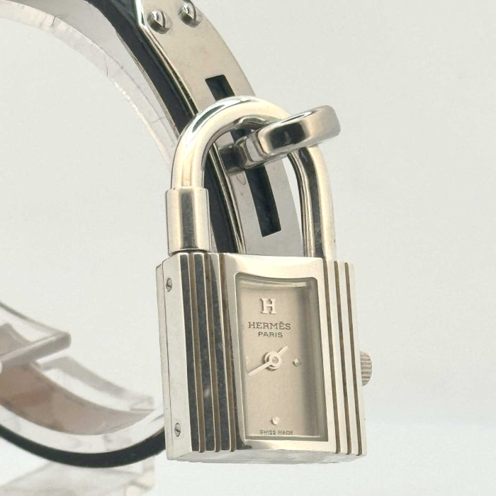 Hermes Kelly Silver Padlock Black Leather Strap