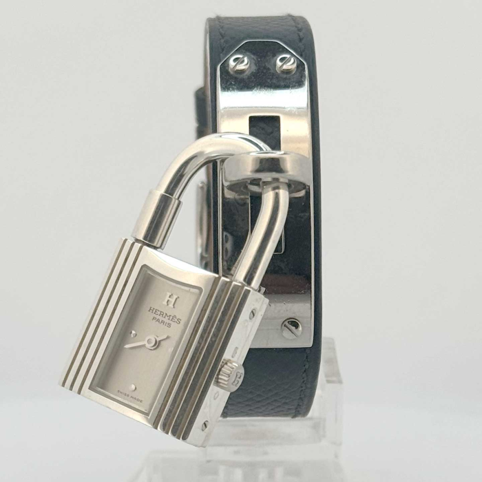 Hermes Kelly Silver Padlock Black Leather Strap