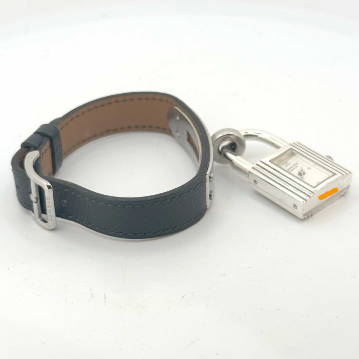 Hermes Kelly Silver Padlock Black Leather Strap