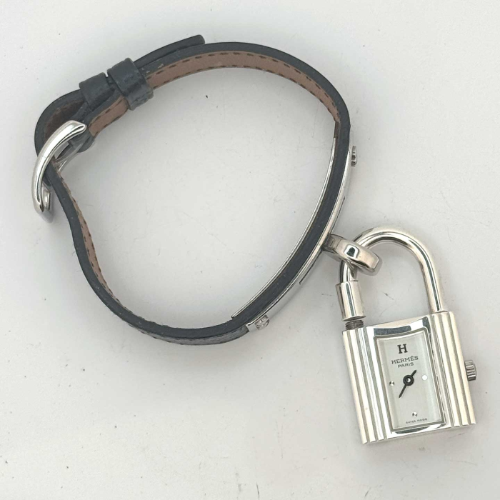 Hermes Kelly Silver Padlock Black Leather Strap