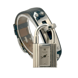 Hermes Kelly Silver Padlock Black Leather Strap