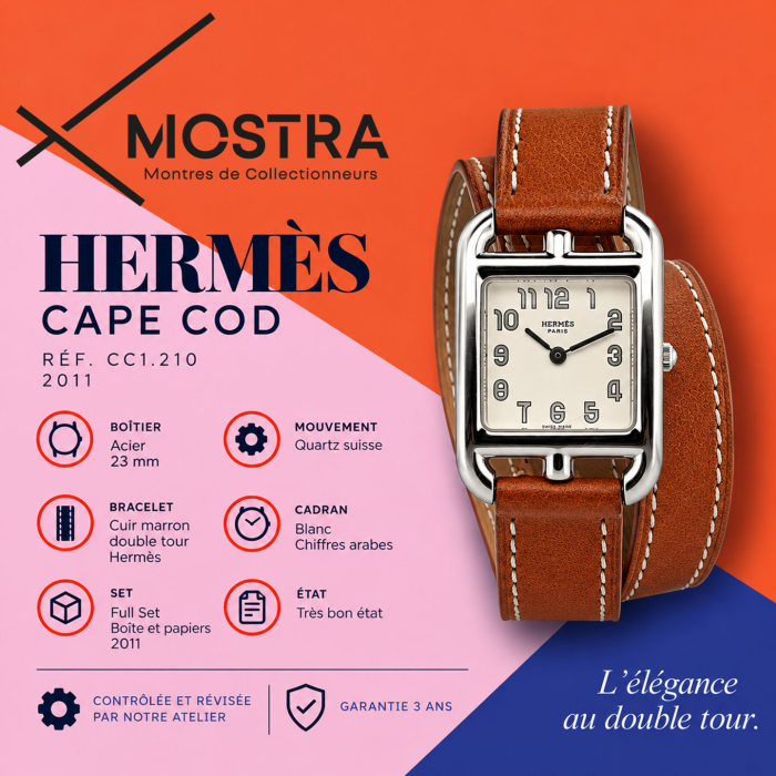 Hermes Cape Cod Petit Modèle Cadran Blanc Double Tour Marron