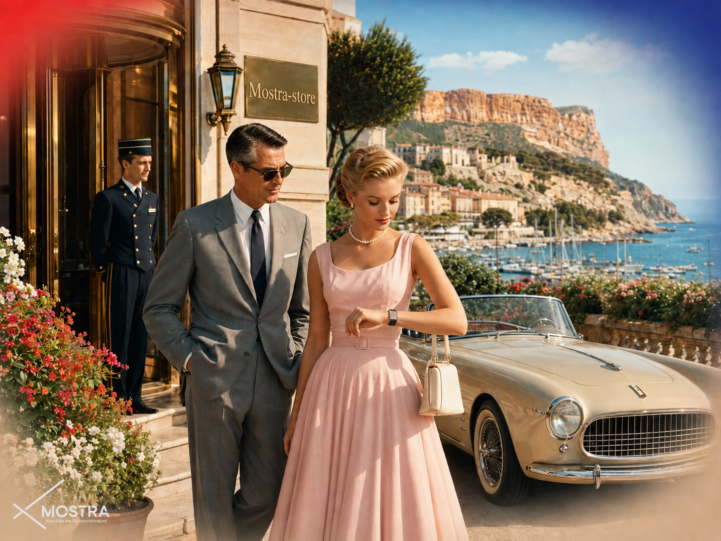 scene élégante face a la marina avec sa cartier tank solo cadran rose