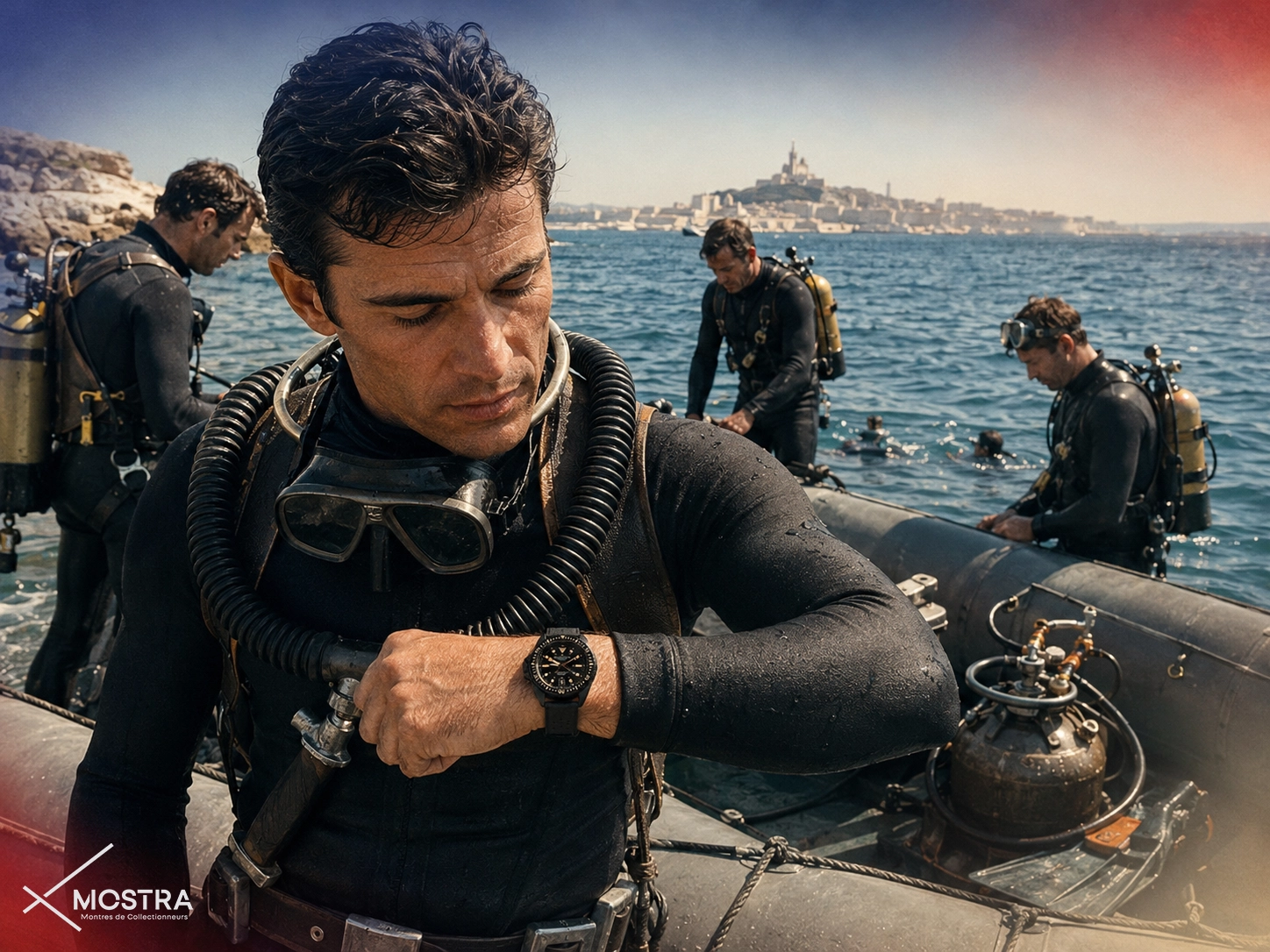 plongeur regardant sa montre bianchi jb-200 headmark avnt de plonger devant marseille