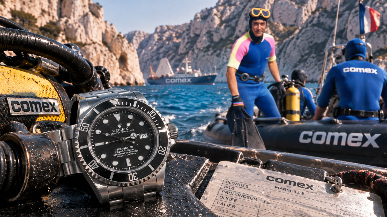 plongeur avec sa rolex sea-dweller 16600 dans les calanques de marseille