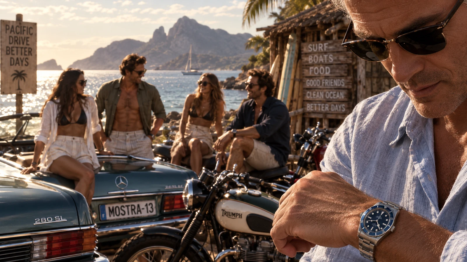 homme qui regarde sa montre tudor bb58 bleue au bord de la plage