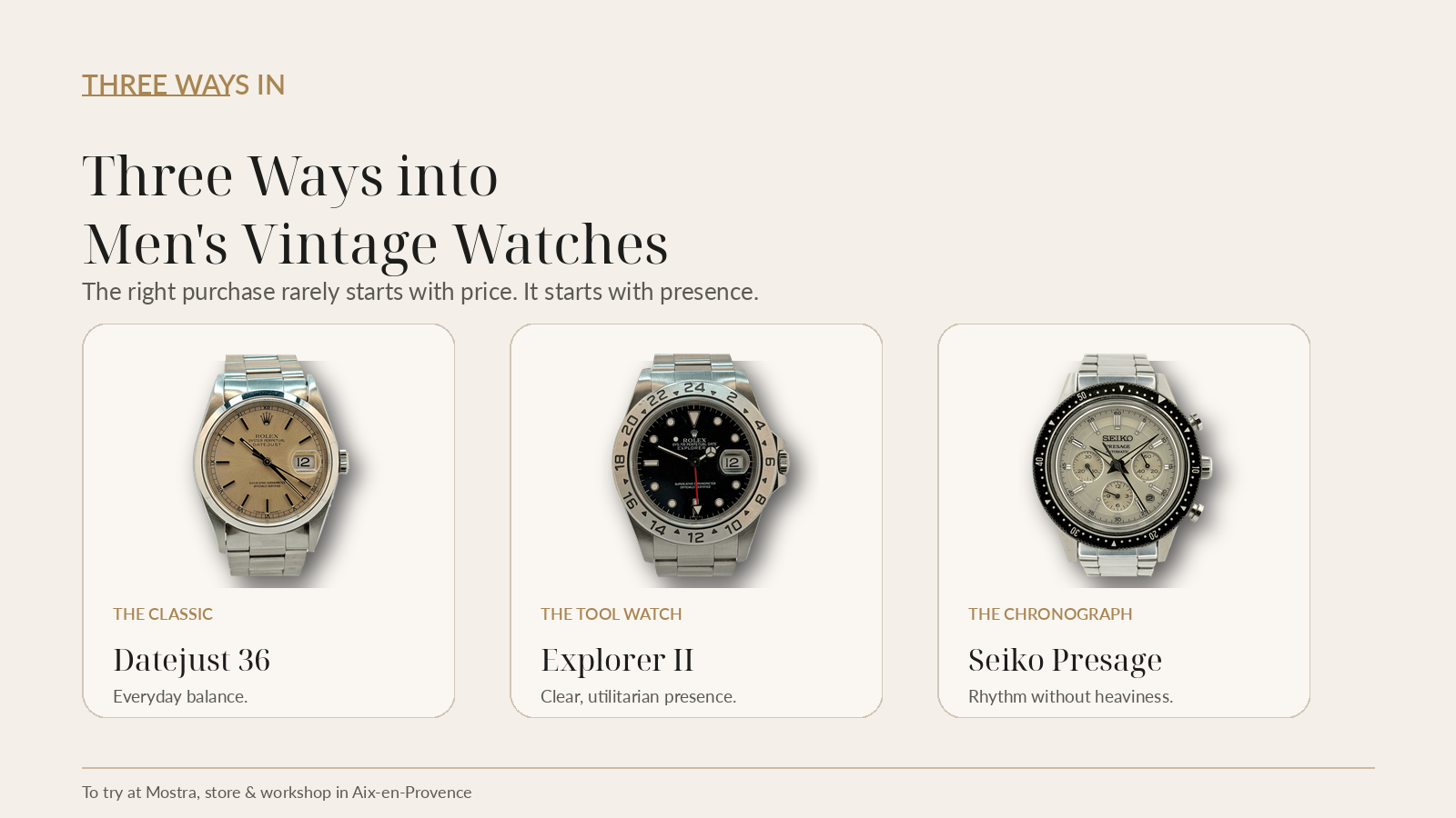 three styles of vintage men’s watches in Aix-en-Provence
